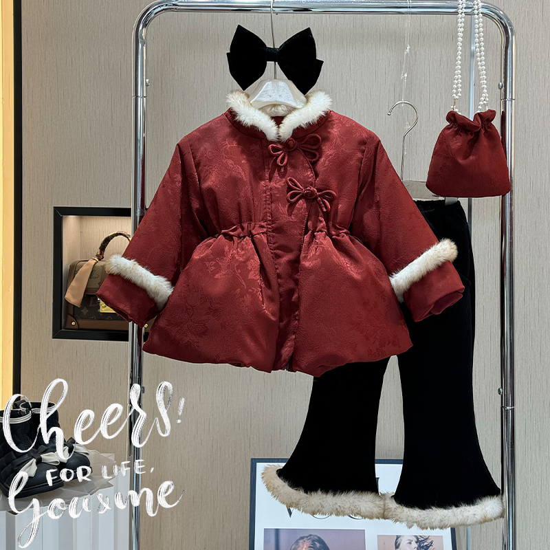 【现货】女童冬装2025新款棉服外套冬季加绒加厚小女孩气质棉衣套装