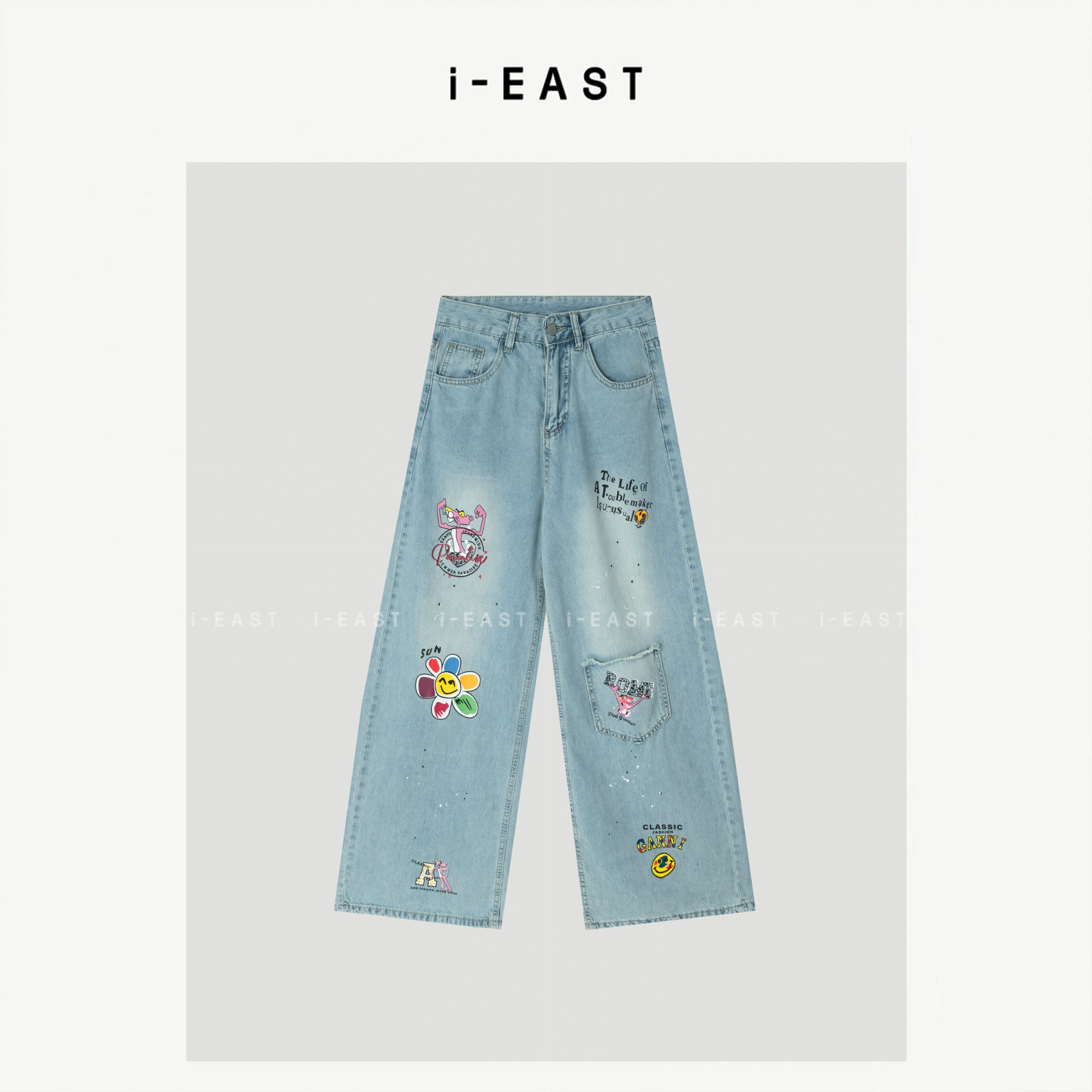 i-EAST QQ 冰川海蓝~复古蓝色直筒牛仔裤-5X K13853