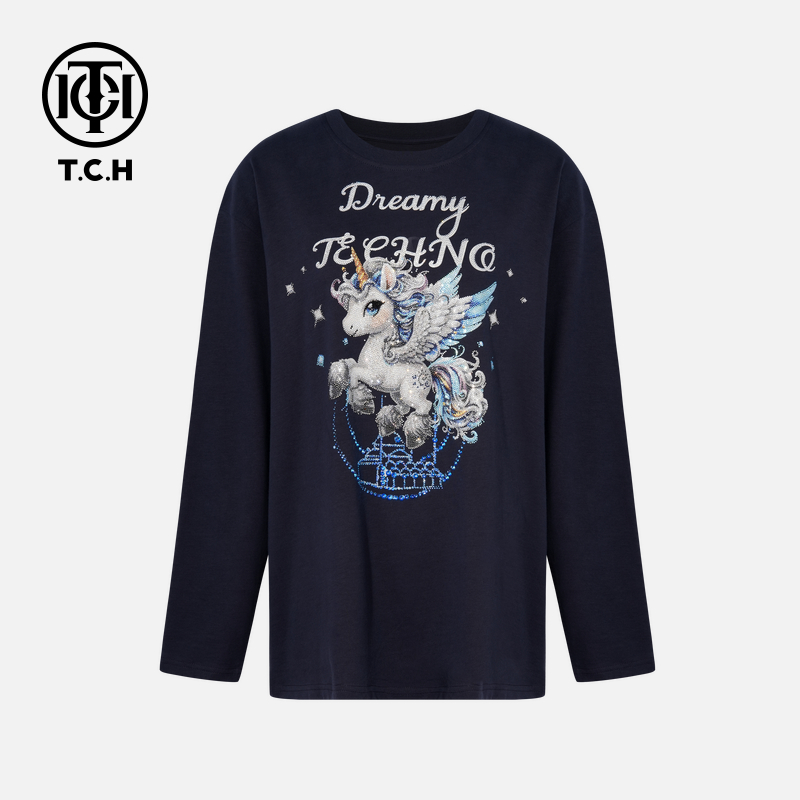 TCH烫钻工艺时尚休闲百搭气质秋款T恤长袖女T75C08E9006轻奢tch