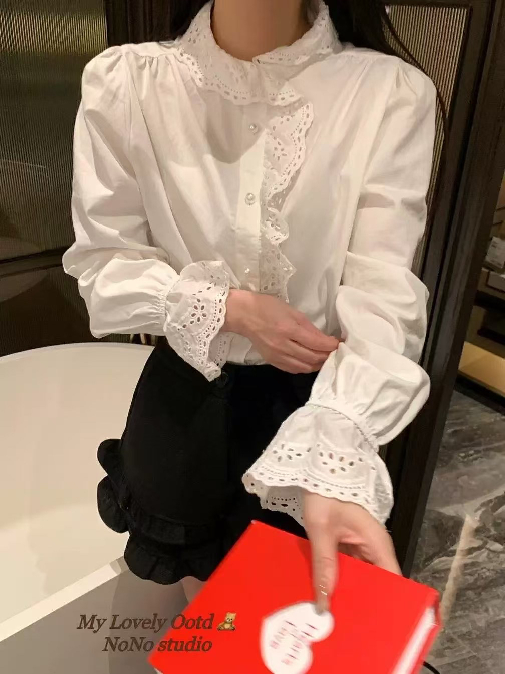 【momo】山茶’春日精致感蕾丝花边领白色衬衫超好看法式衬衣女