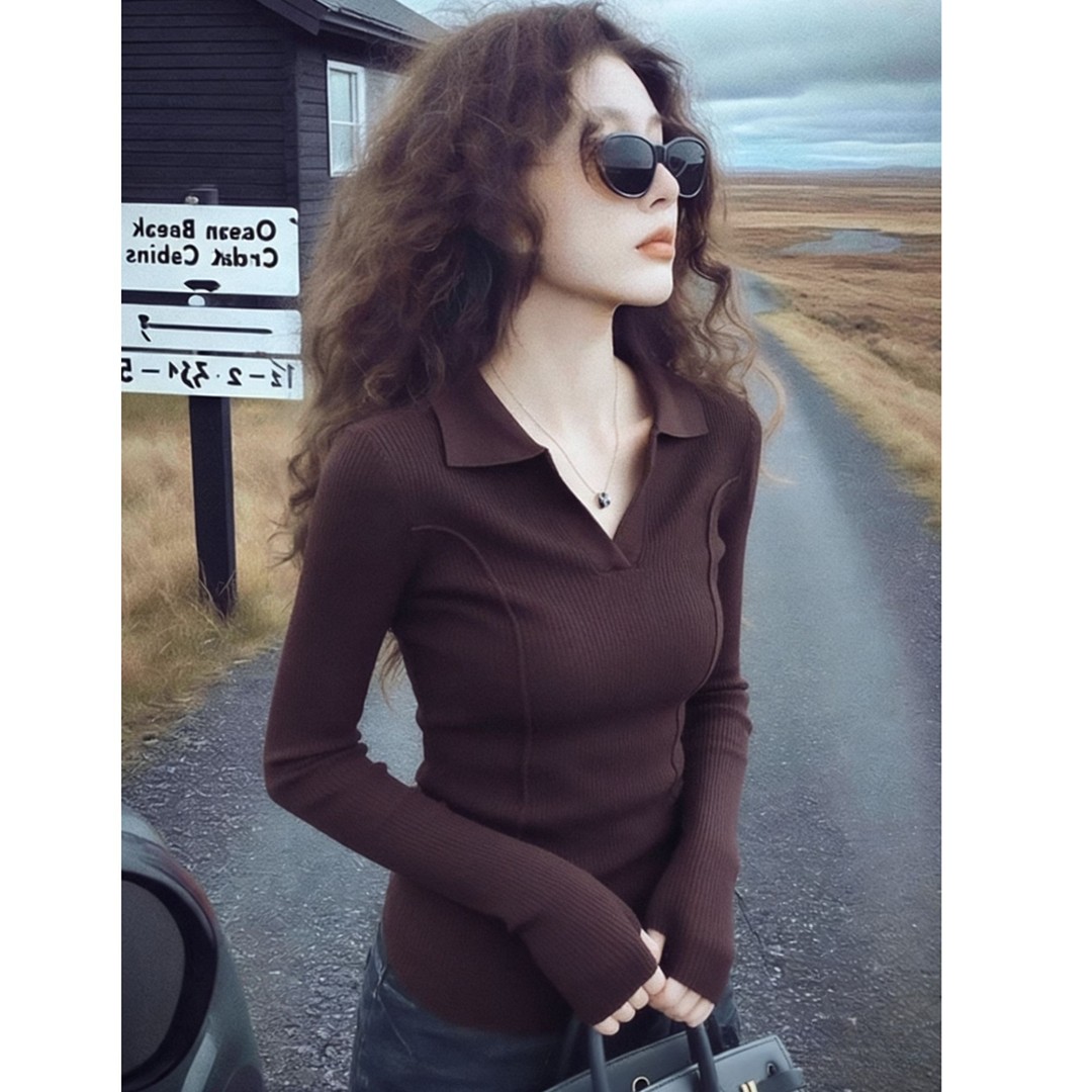 法式咖色polo衫翻领针织打底衫女秋冬高级感内搭毛衣气质长袖上衣