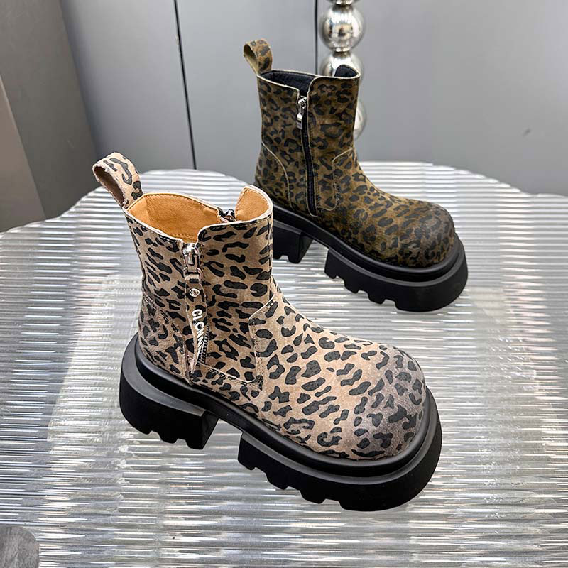 【现货】磨砂真皮马丁靴2024秋季新款时尚豹纹洋气短靴女鞋810-5