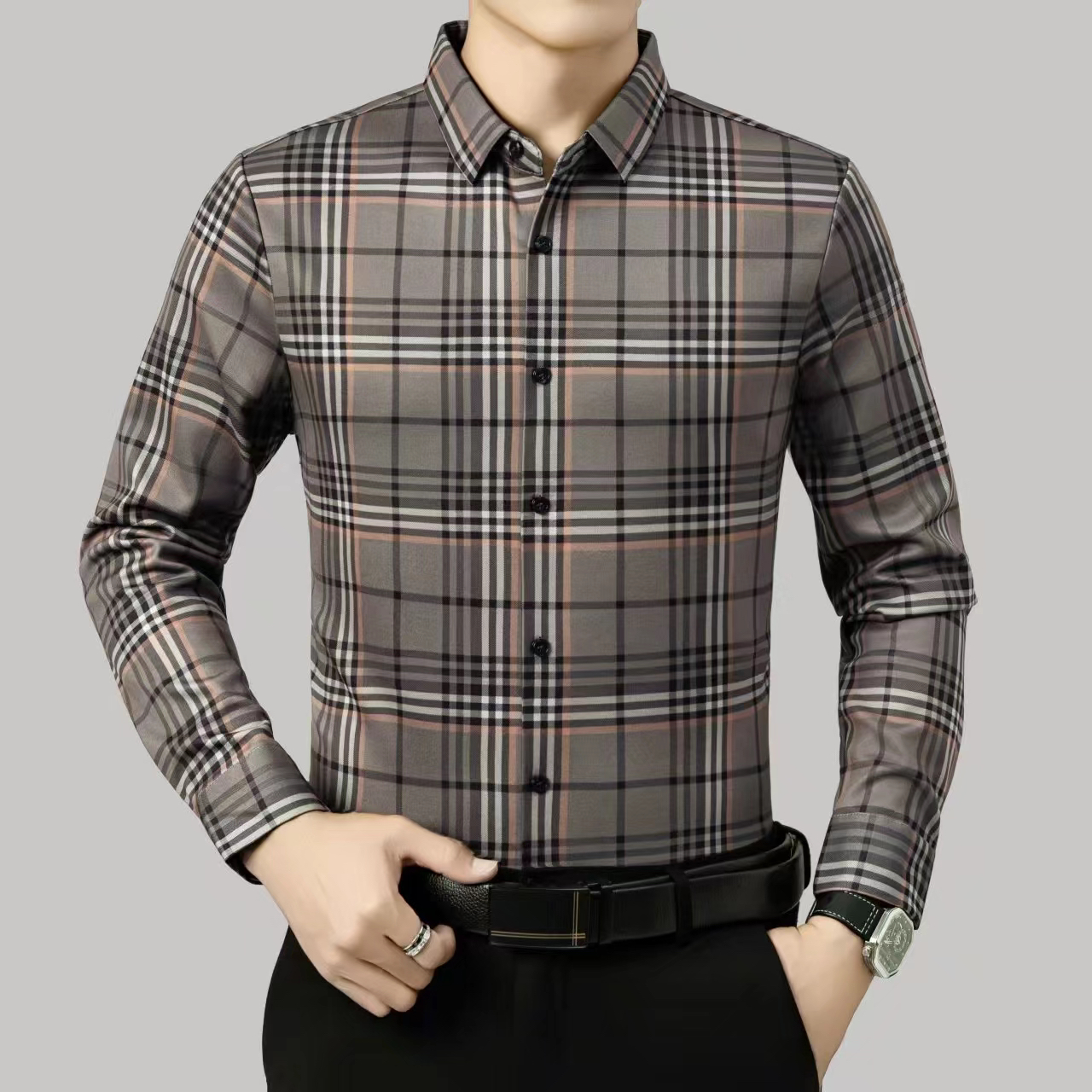 新年款男士冬季加绒加厚格子商务休闲保暖衬衫