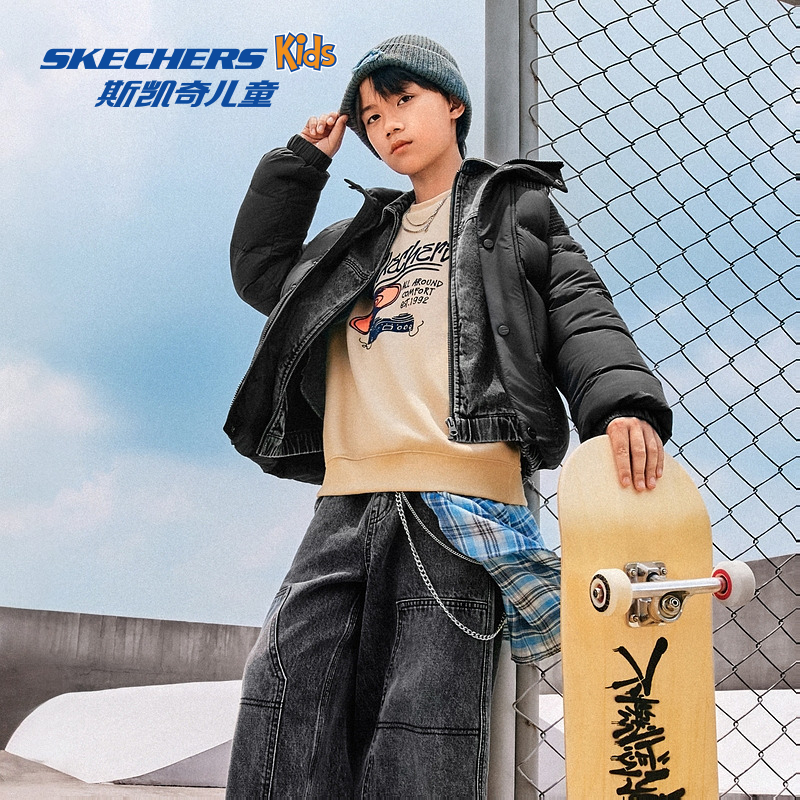 斯凯奇童装针织套头卫衣柔软舒适加绒保暖时尚印花上衣L425K107