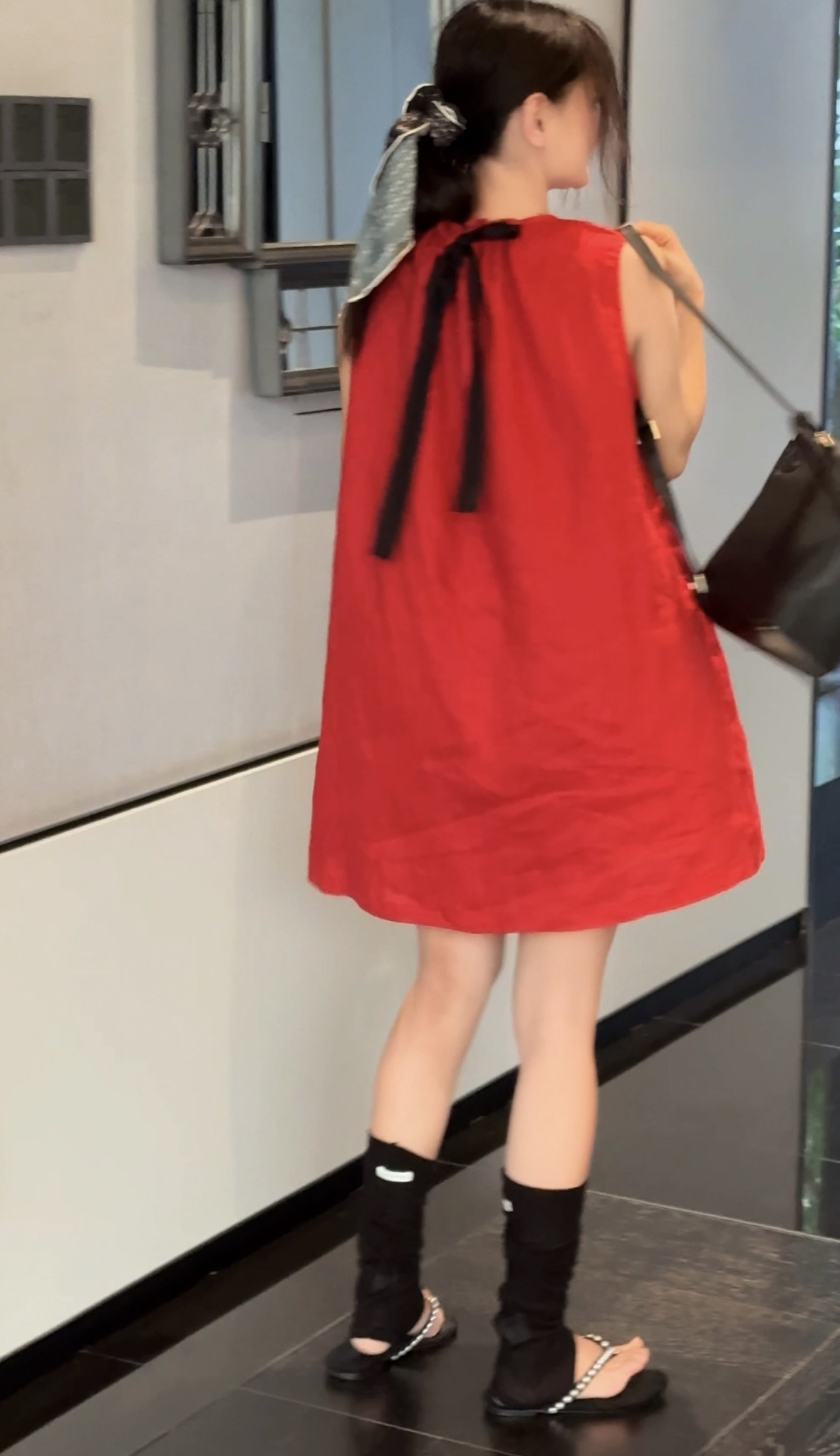 现货LILULU 韩国亚麻抽绳领口后蝴蝶结百搭无袖夏季气质红色