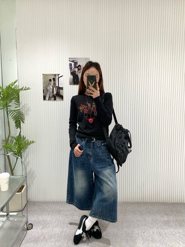 Rainbow-33251#韩系圆领百搭印花修身上衣