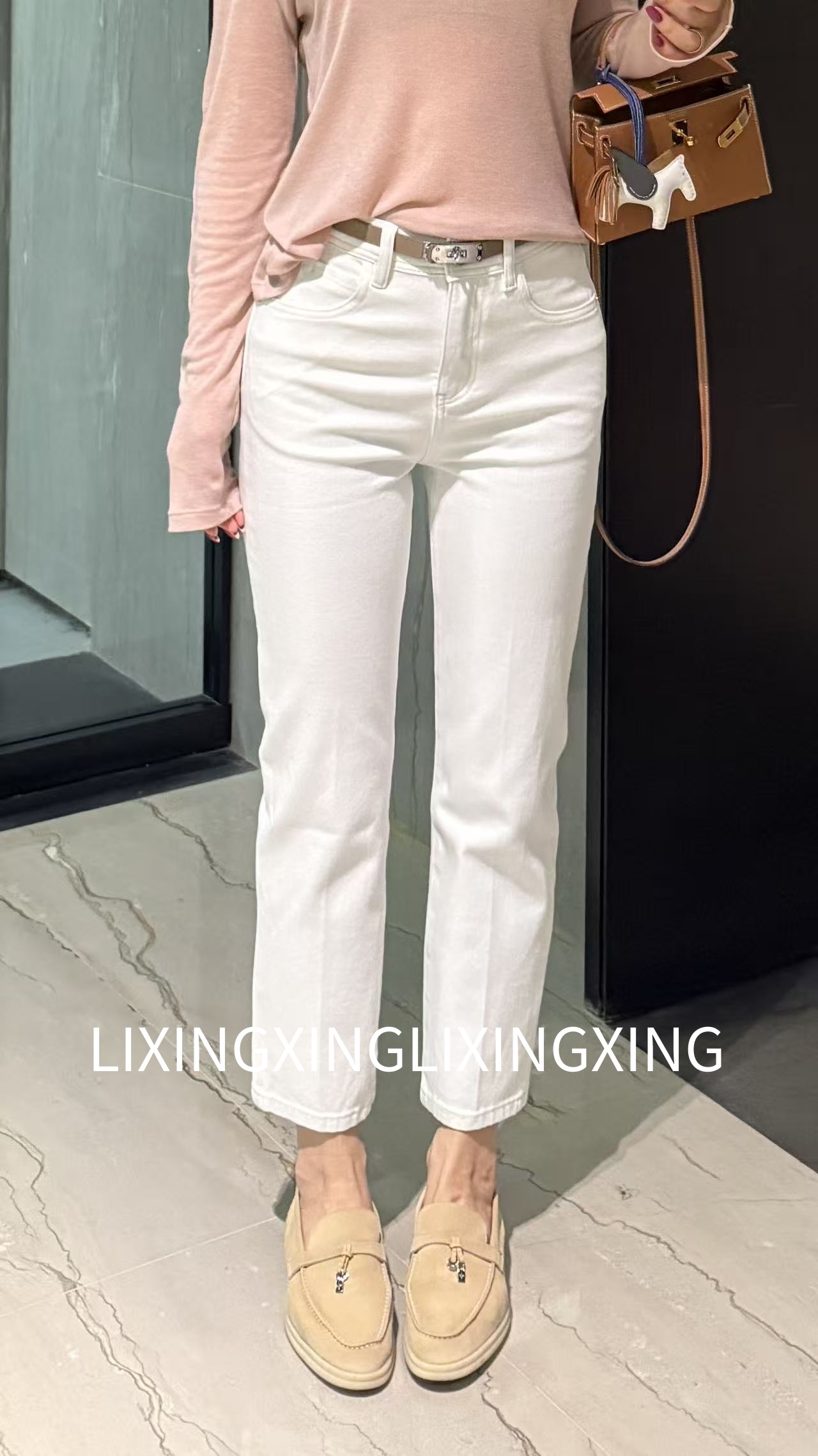 LXX【九分烟管白色牛仔裤】常规高腰四面牛仔裤套装显瘦职业气质