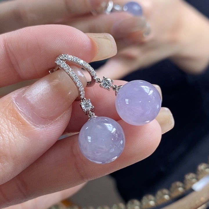 翡翠18K金镶嵌耳饰冰紫珠子