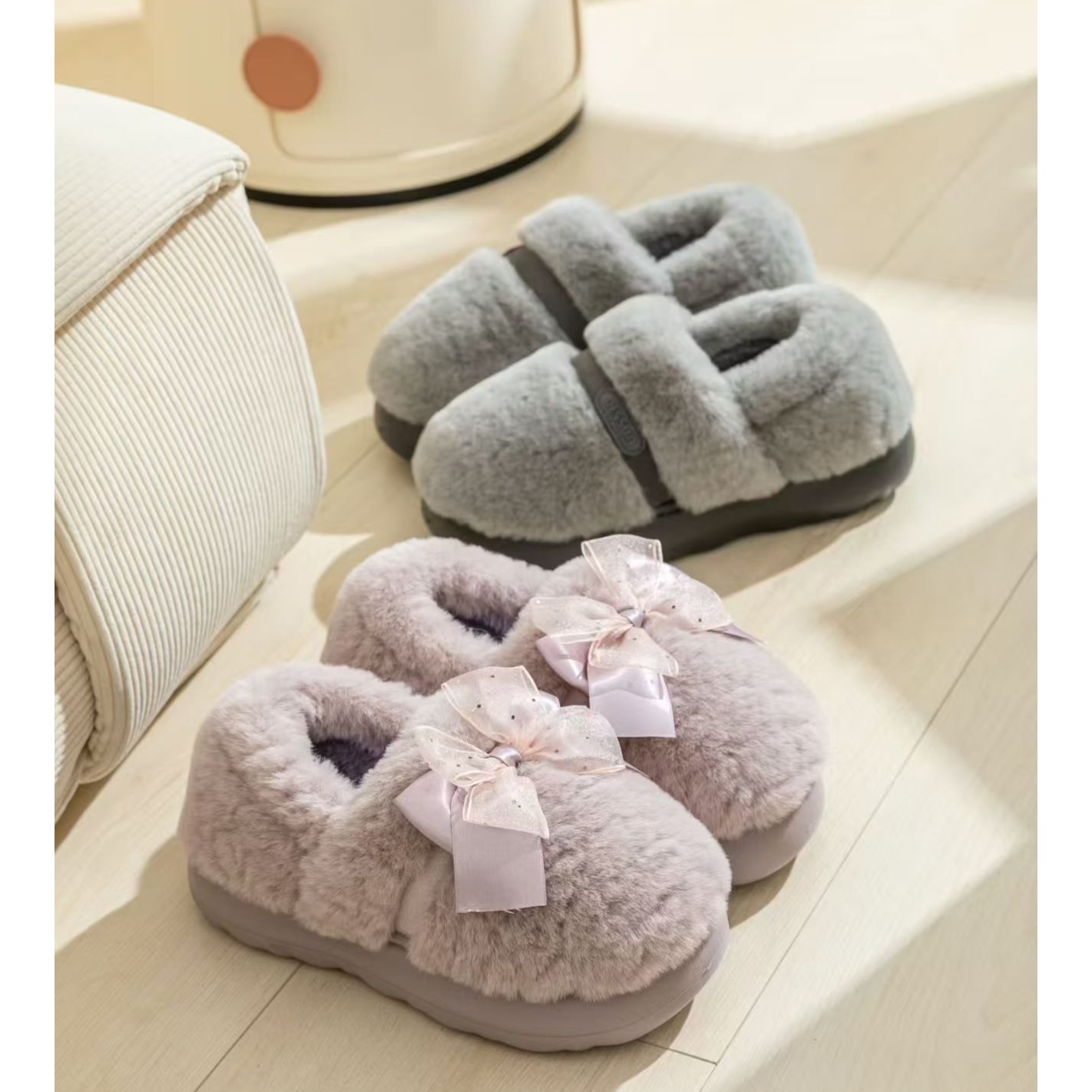 迪盛包跟防滑保暖蝴蝶结厚底毛绒情侣款棉拖鞋居家外穿棉鞋毛毛鞋