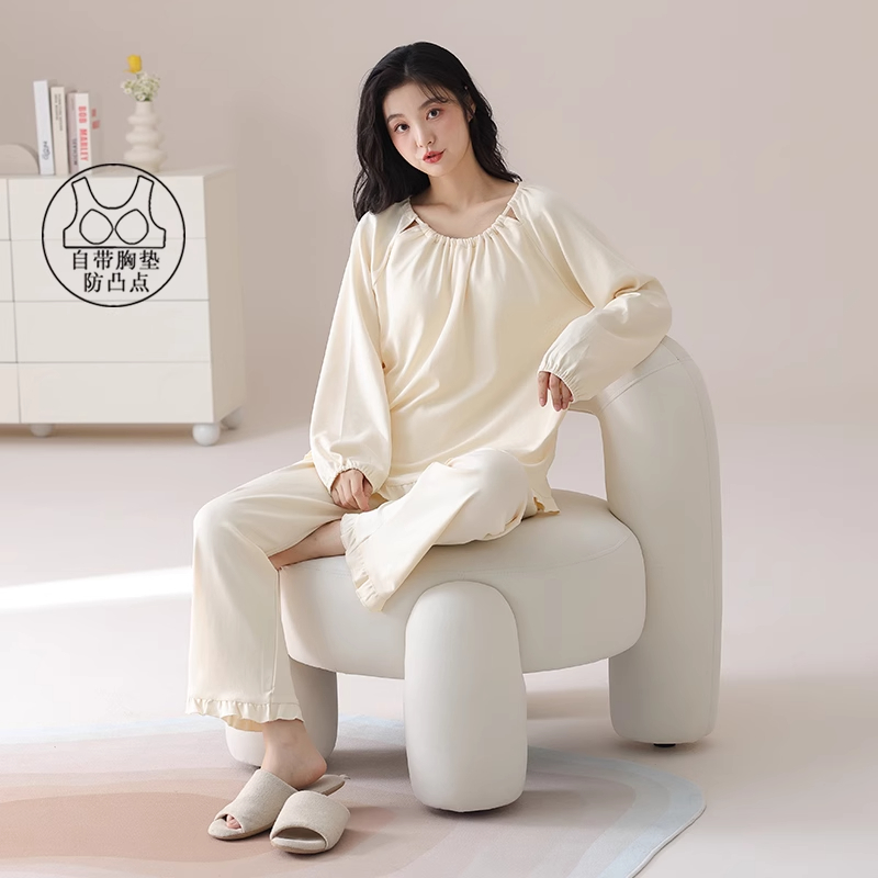 带胸垫睡衣女款2024春秋冬季纯棉长袖简约休闲高级甜美家居服套装