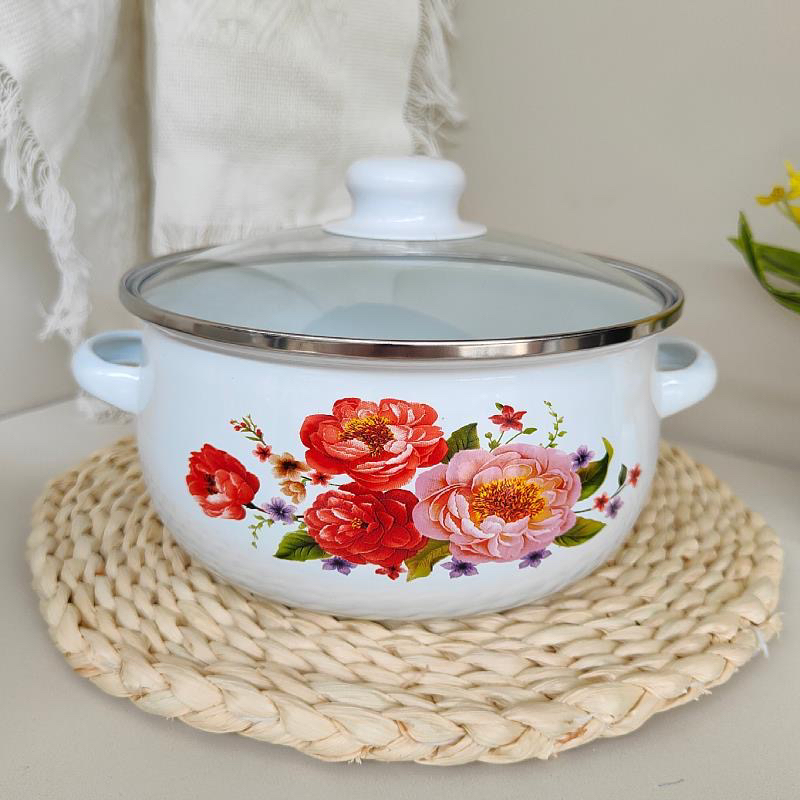 12公分珐琅搪瓷双耳盖碗 玻璃盖 1个红花