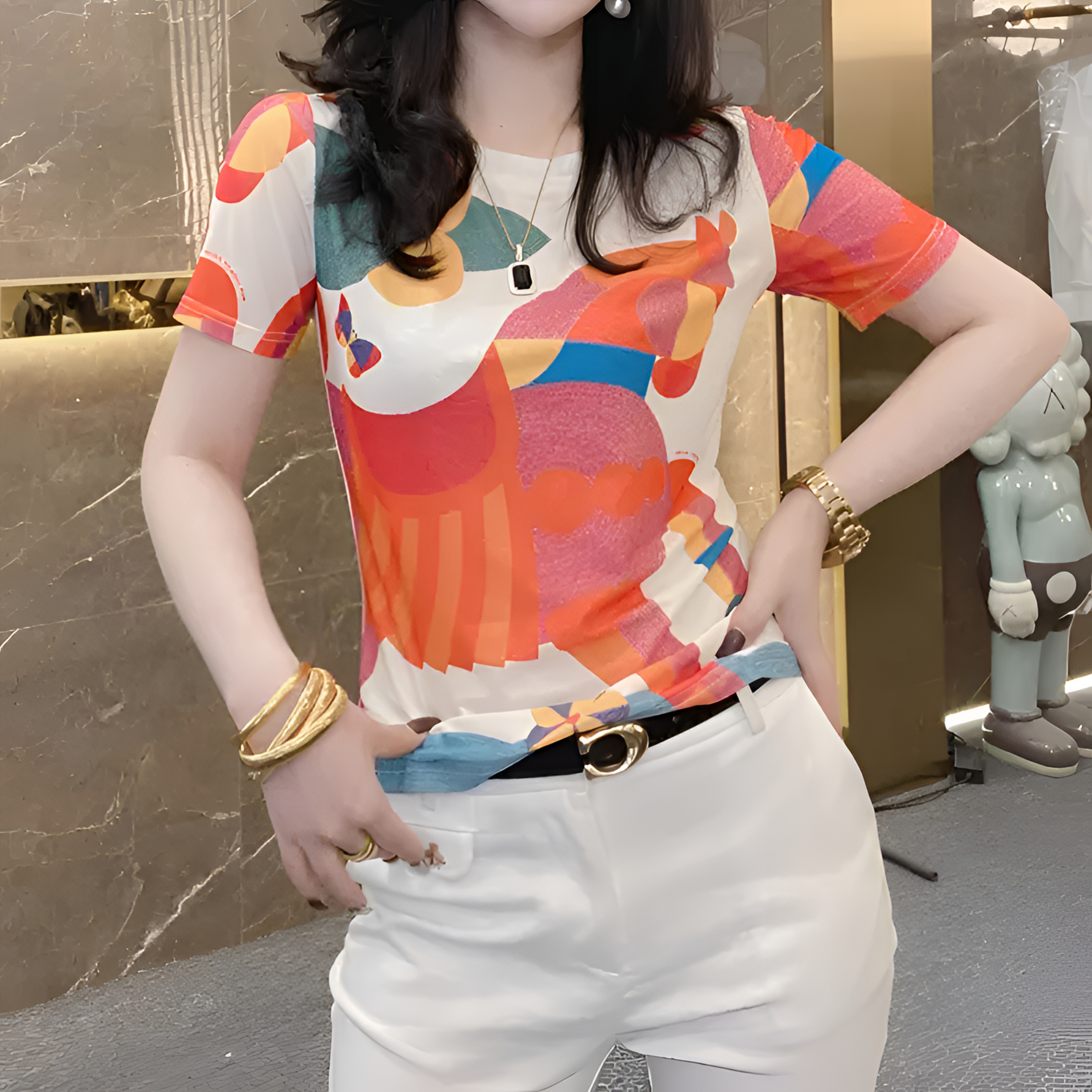 木马橙色 艺术感抽象定位印花设计网纱气质减龄百搭显瘦T恤女1658