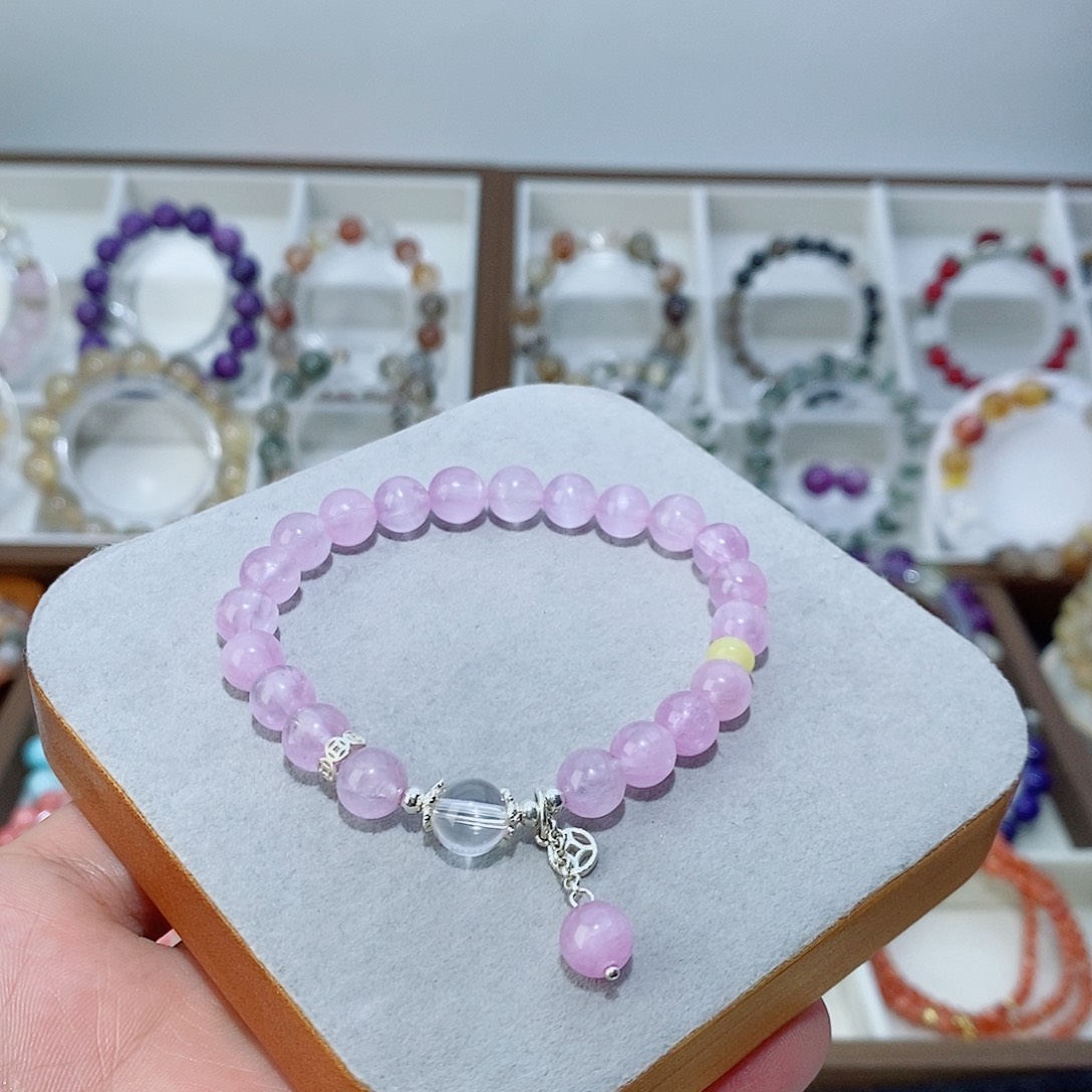 水晶手链银S925镶嵌拉丝紫锂辉石手串