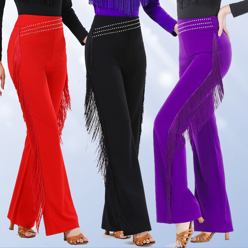 2024新款广场拉丁舞吉特巴哥第面料流苏镶钻舞蹈裤新潮水兵舞长裤
