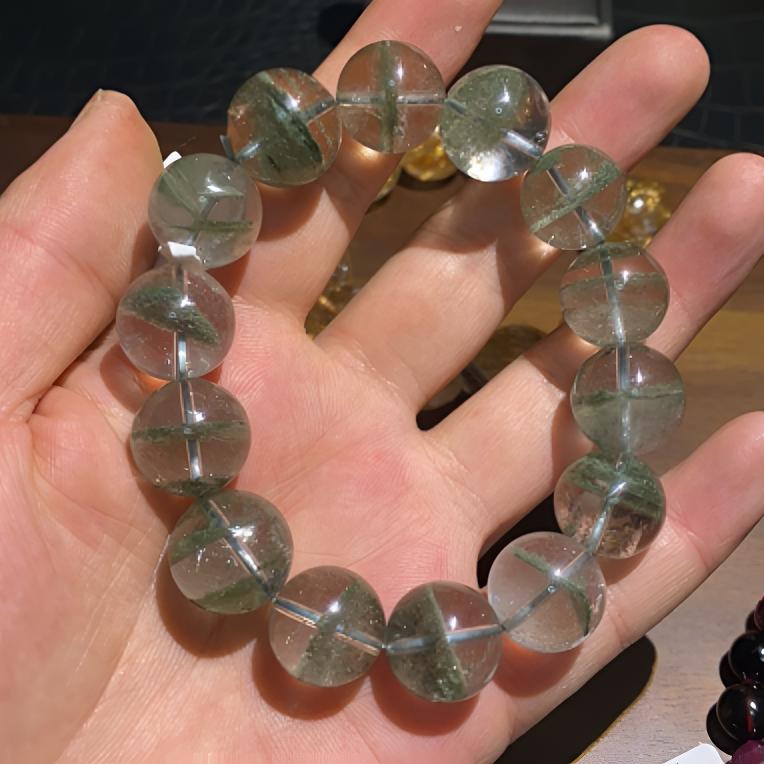 天然绿幽灵大颗粒水晶素圈男士时尚百搭