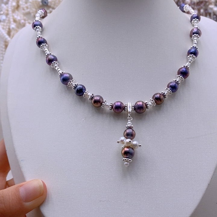 淡水珍珠耳饰银S925镶嵌项链