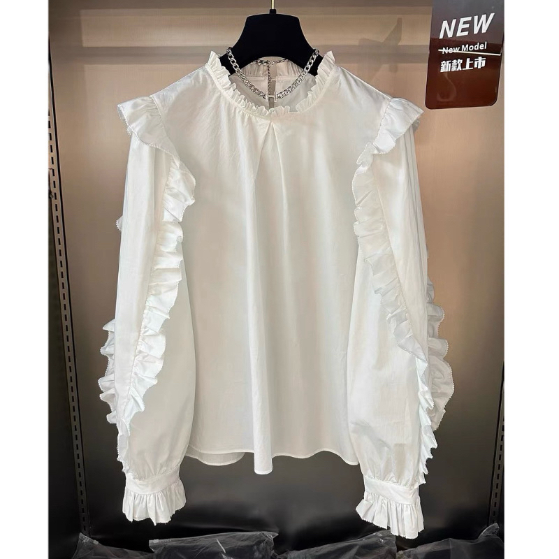 欧洲站纯色花边领荷叶边袖褶皱设计感洋气衬衫上衣棉质宽松廓形女