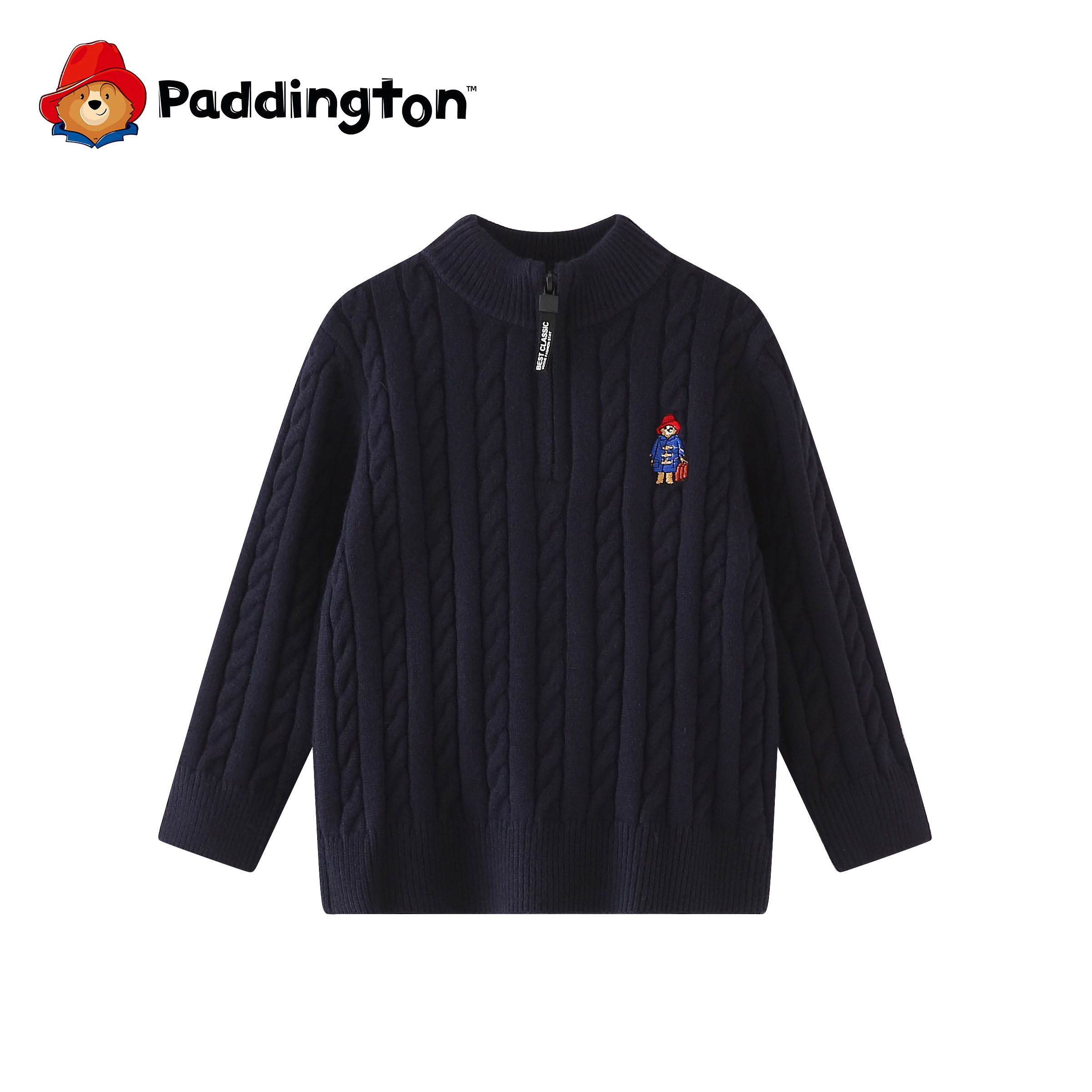 PADDINGTON/帕丁顿熊儿童麻花针织衫中领半拉链毛衣童装打底衫潮