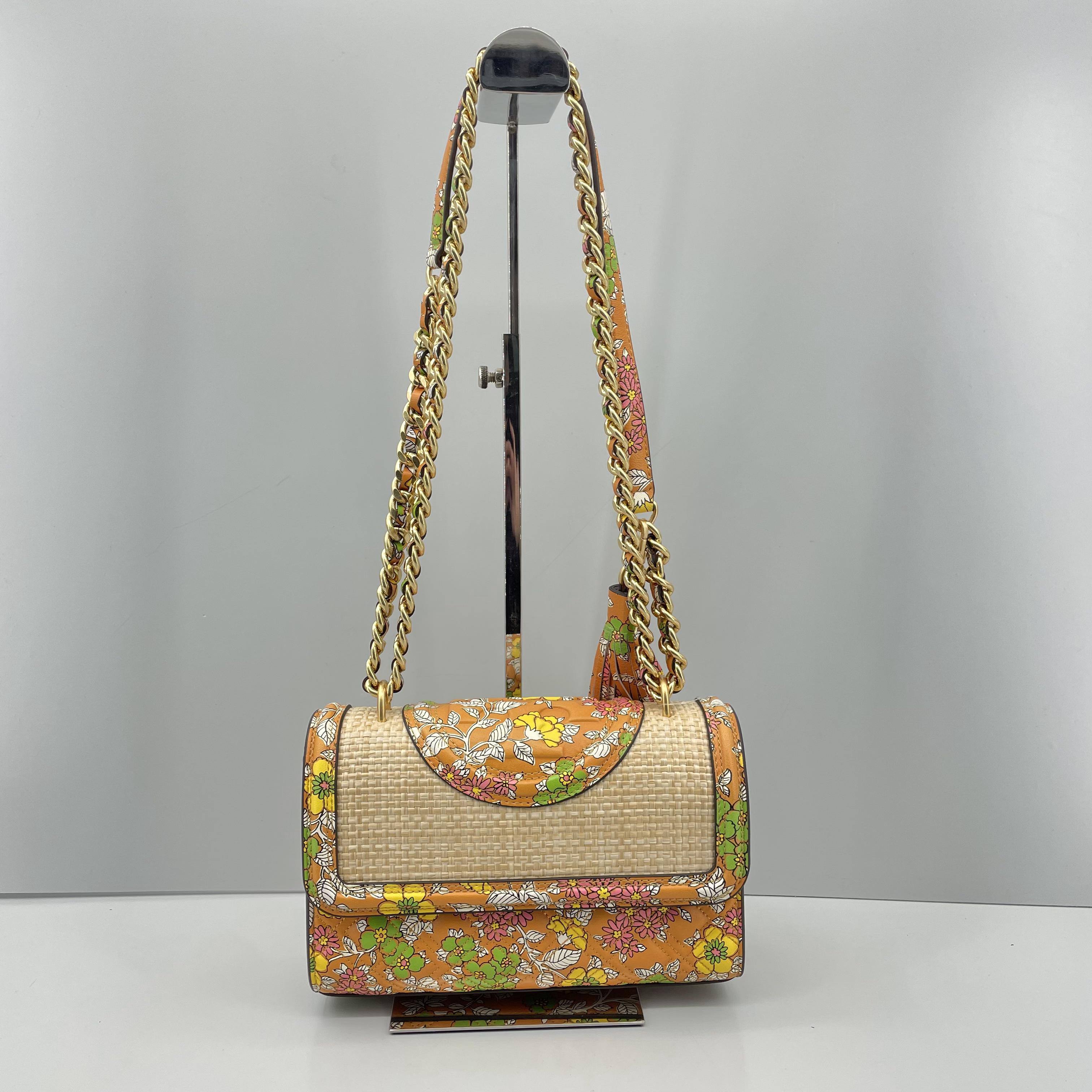 95新 TORY BURCH/汤丽柏琦 fleming橘色花卉链条斜挎包 20*14*6