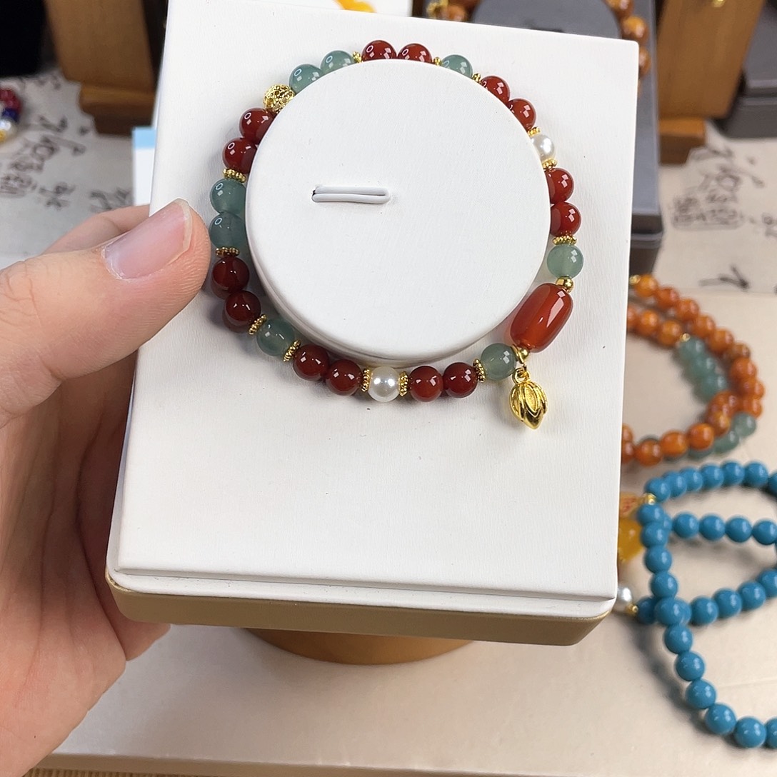 南红玛瑙手饰银S925镀金镶嵌