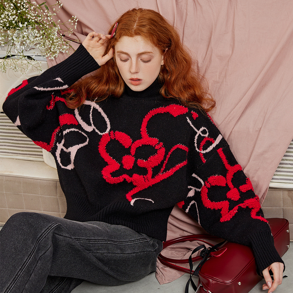 【云C专属】蝴蝶半高领宽松春季女式毛衣CLDM8265