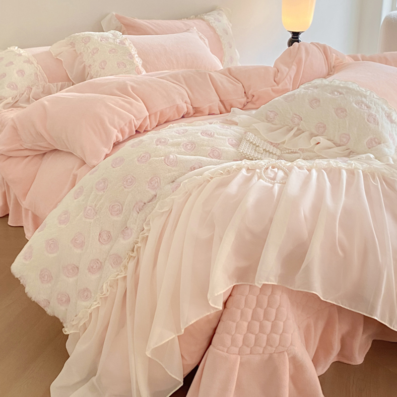 轻奢众法式少女牛奶绒床盖款四件套定制花边被套夹棉加厚绒床盖冬