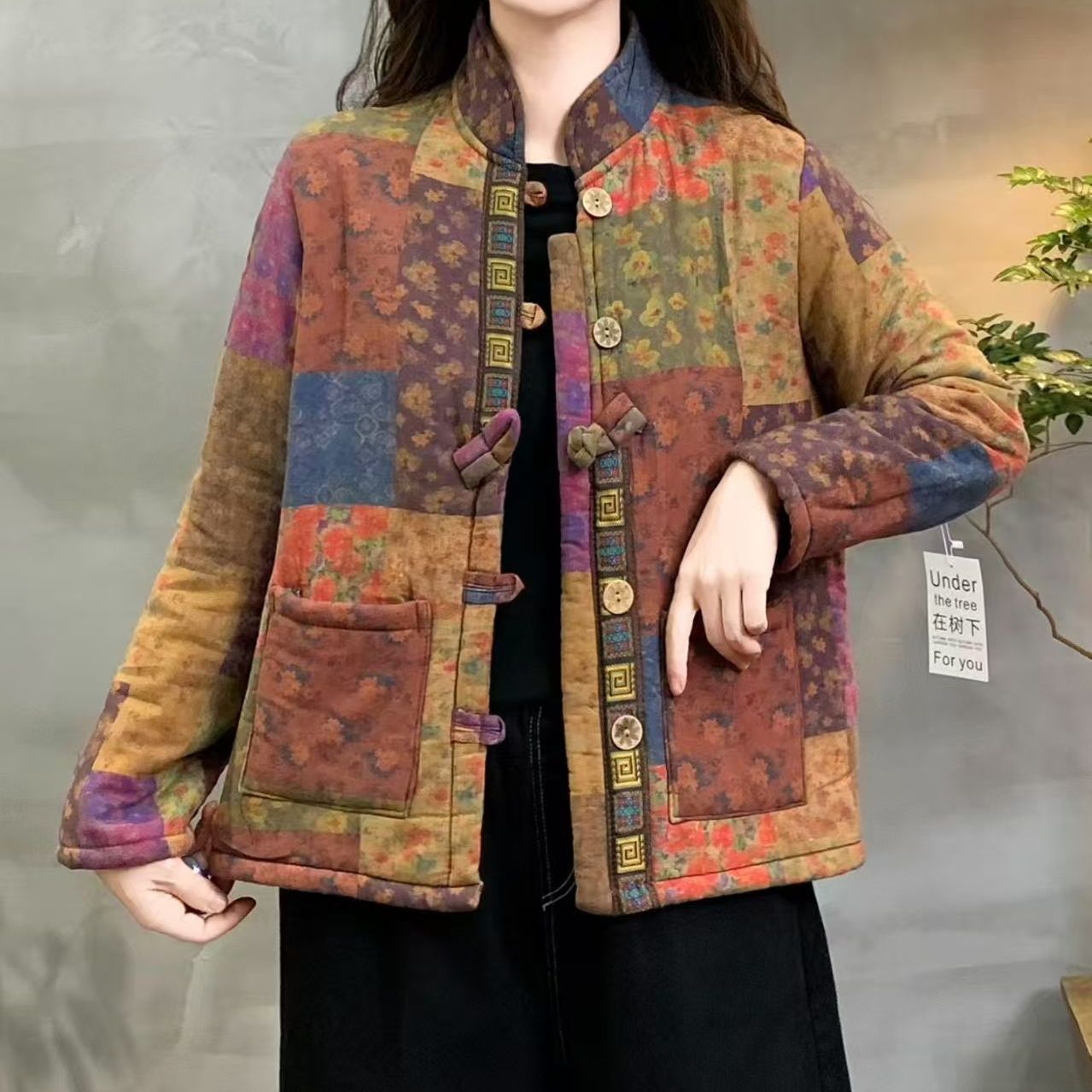 冬季民族风新款盘扣加绒外套加厚复古棉衣棉服印花棉袄保暖宽松女