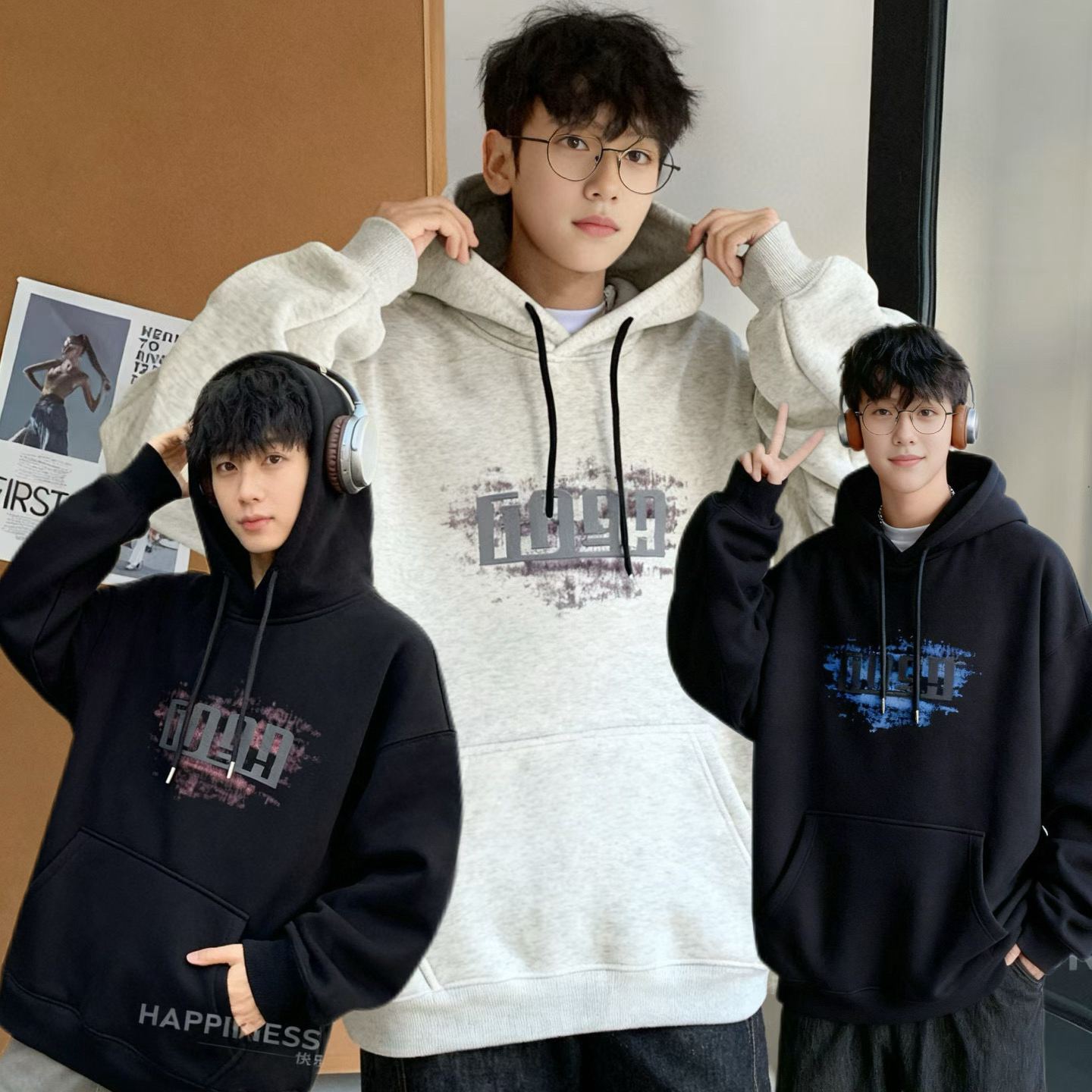 连帽宽松重磅美式潮牌加绒印花青少年春秋长袖卫衣外套