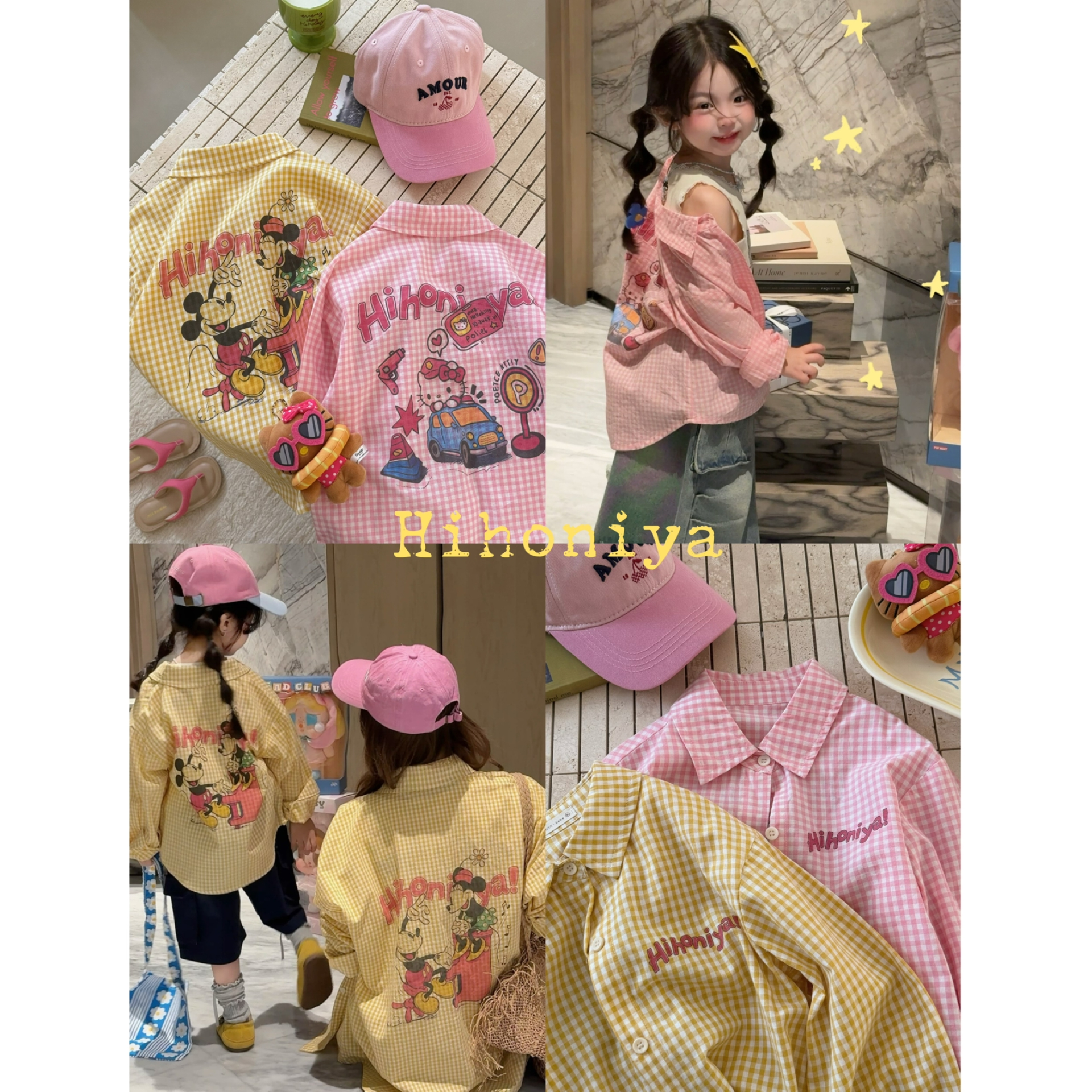 Q【糖果米奇】七Hihoniya~2026春夏亲子甜美卡通米奇纯棉格子衬衫