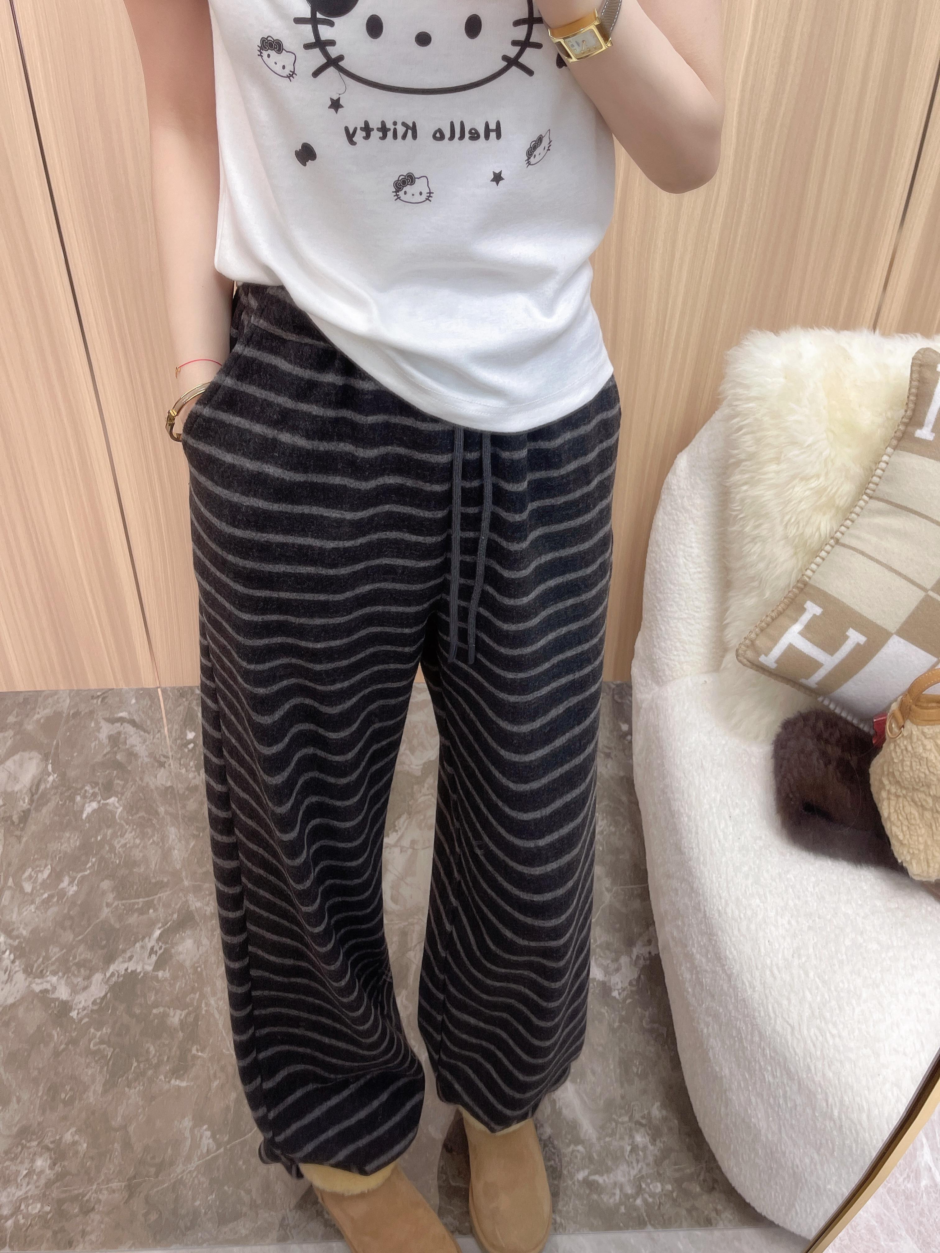 条纹加绒抽绳直筒休闲裤 舒适垂感冬季