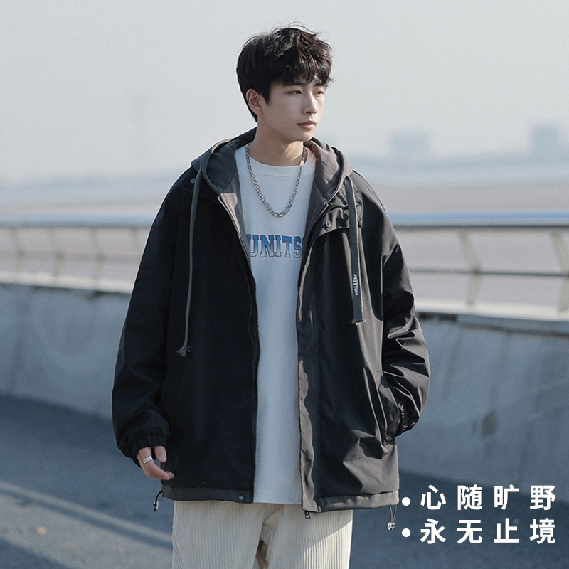 冲锋衣秋季连帽休闲春秋黑色工装夹克工装宽松防风YF2362