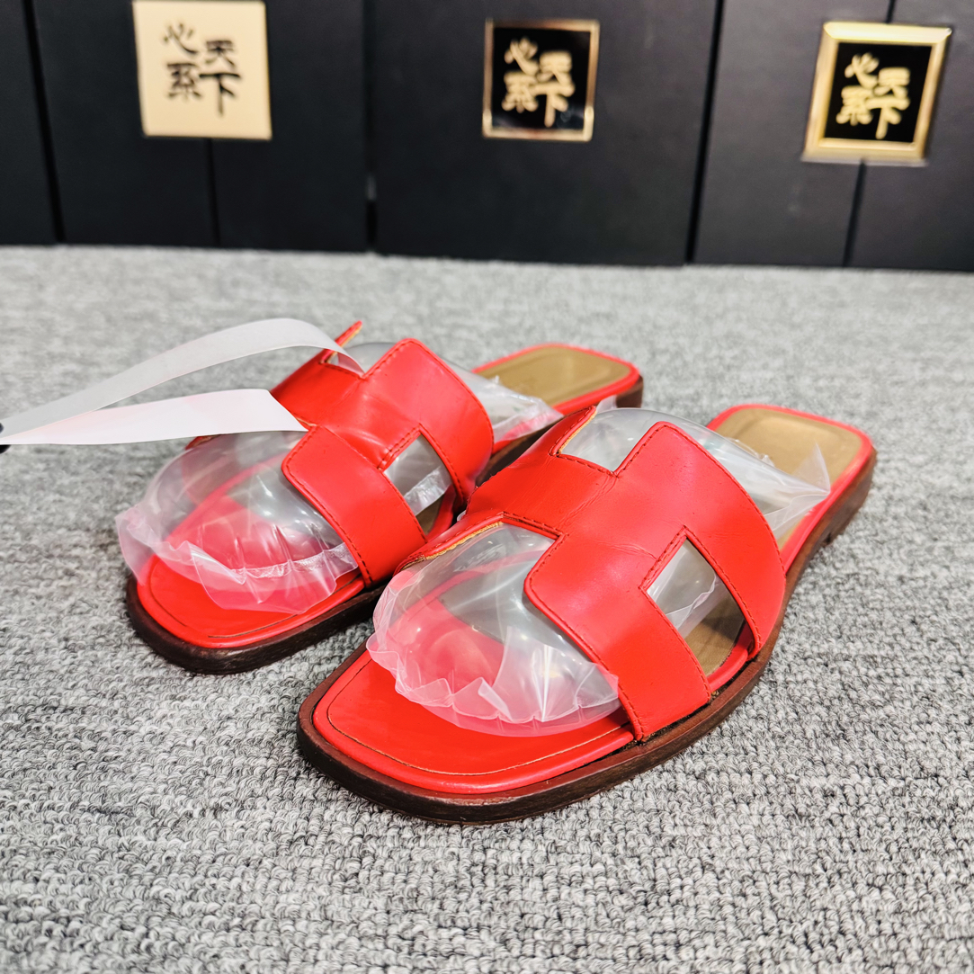 95新 Hermes/爱马仕 红色H拖鞋37码ysc4318