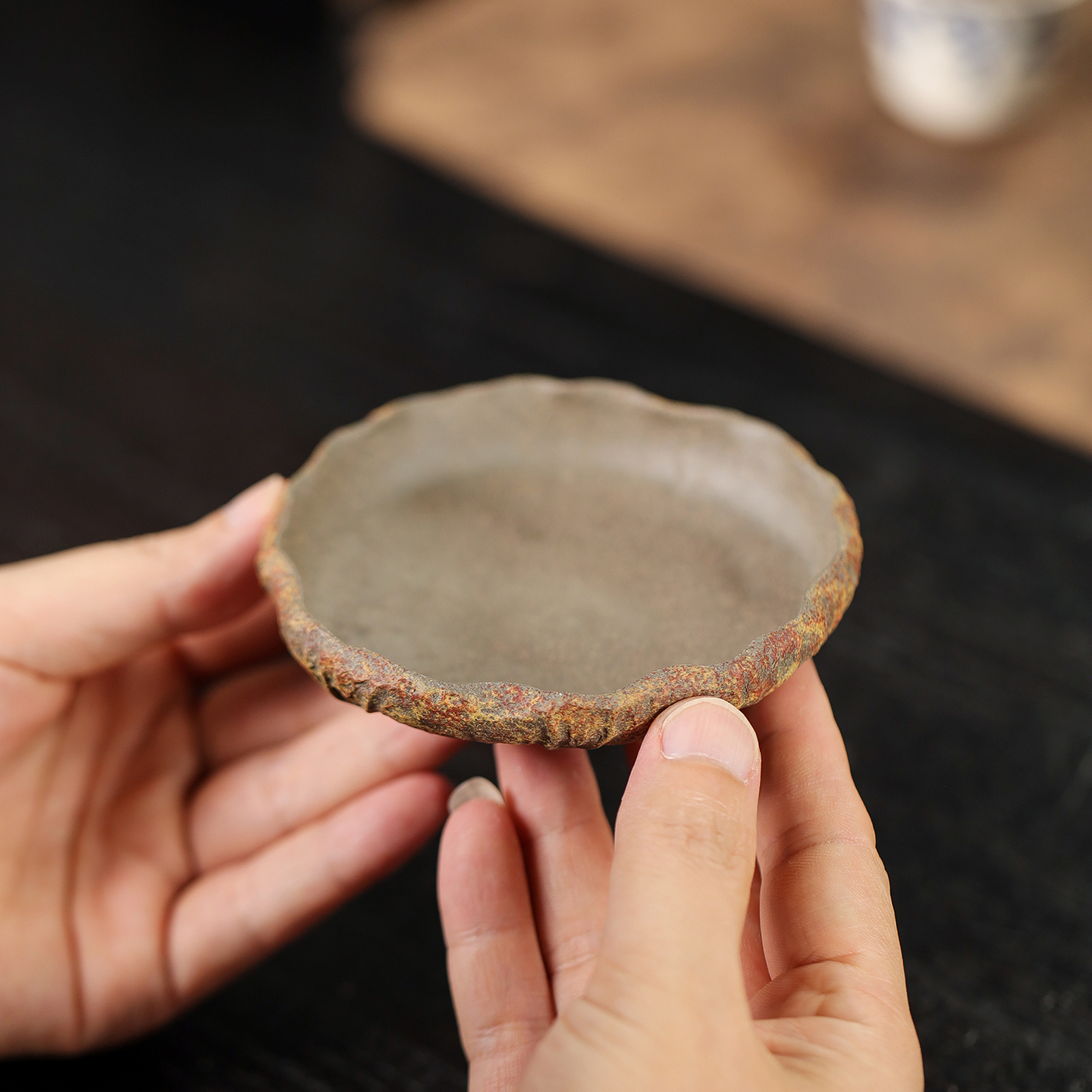 砂宴茶器 张月老师新品 原矿紫砂 蟹壳青荷叶杯垫 全手工制作