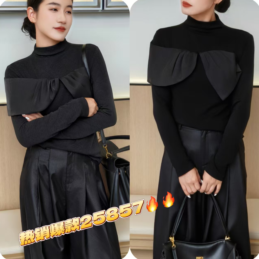 25857加厚绒网纱拼接长袖打底衫女秋冬新款修身显瘦高领上衣女