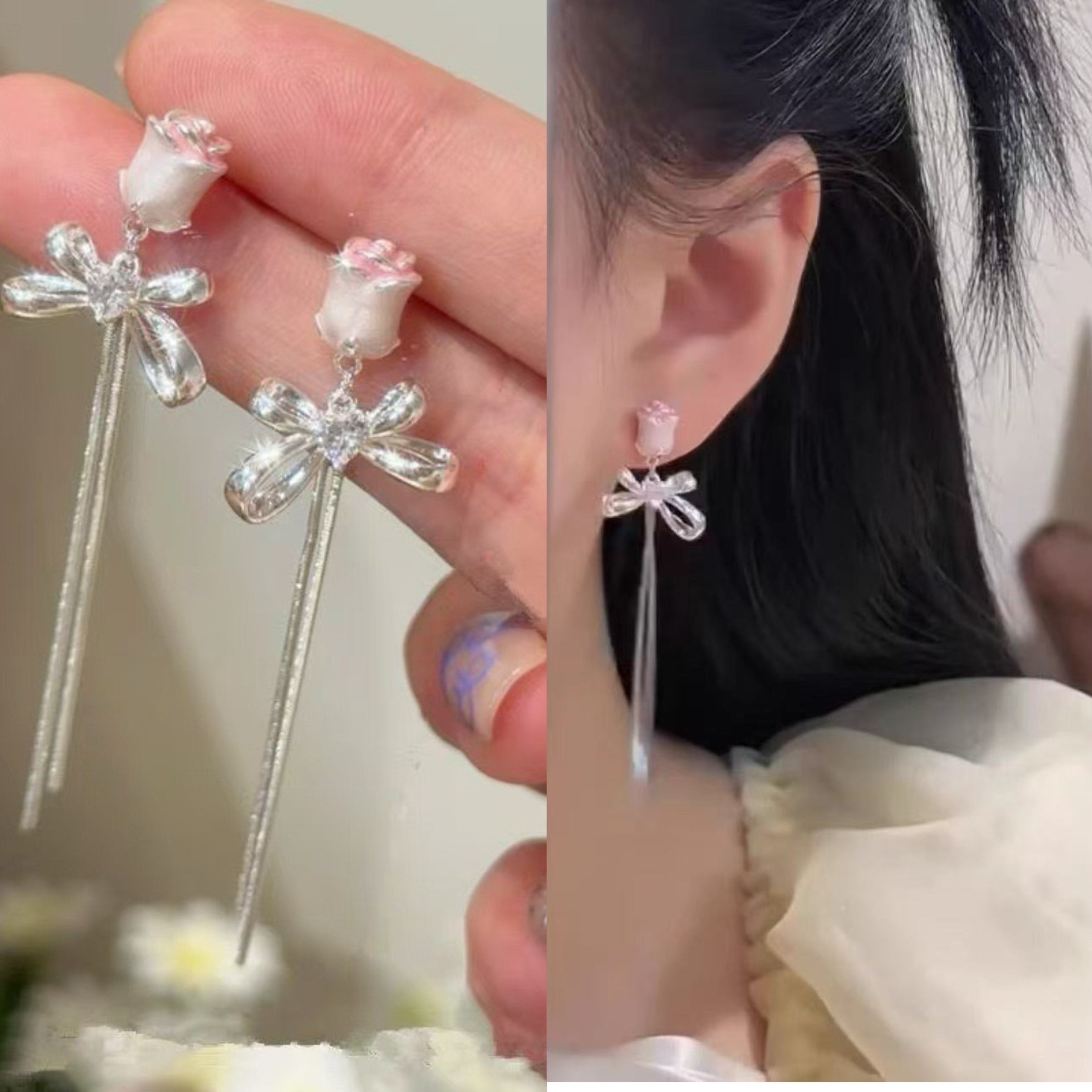 无耳洞「郁金香流苏」超仙甜美花朵流苏耳环时尚小众无痛蚊香盘耳