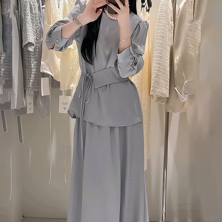 7229高级感气质套装女新款绑带收腰小个子衬衫高腰半身裙两件套潮