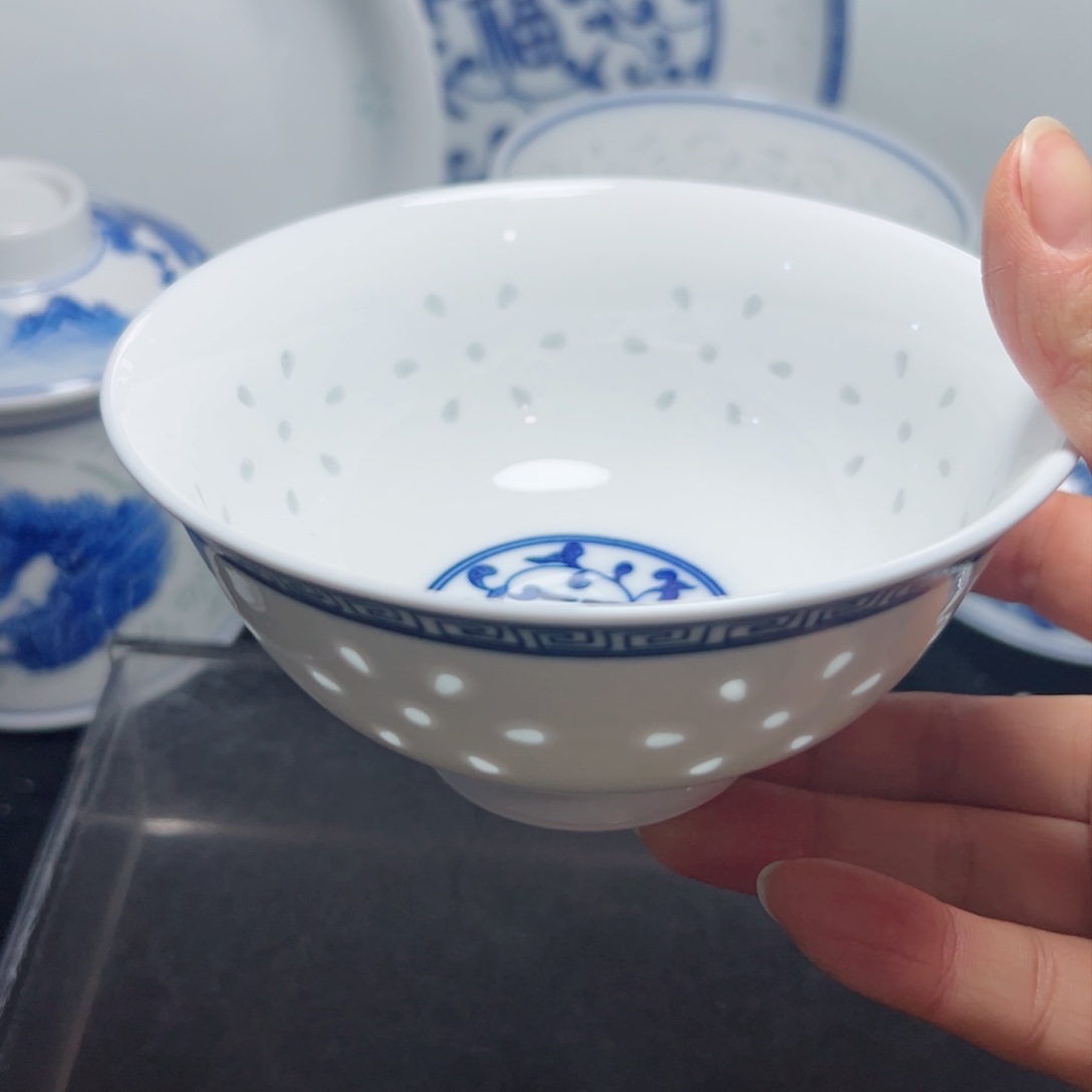 碗青花玲珑5寸高脚福字饭碗