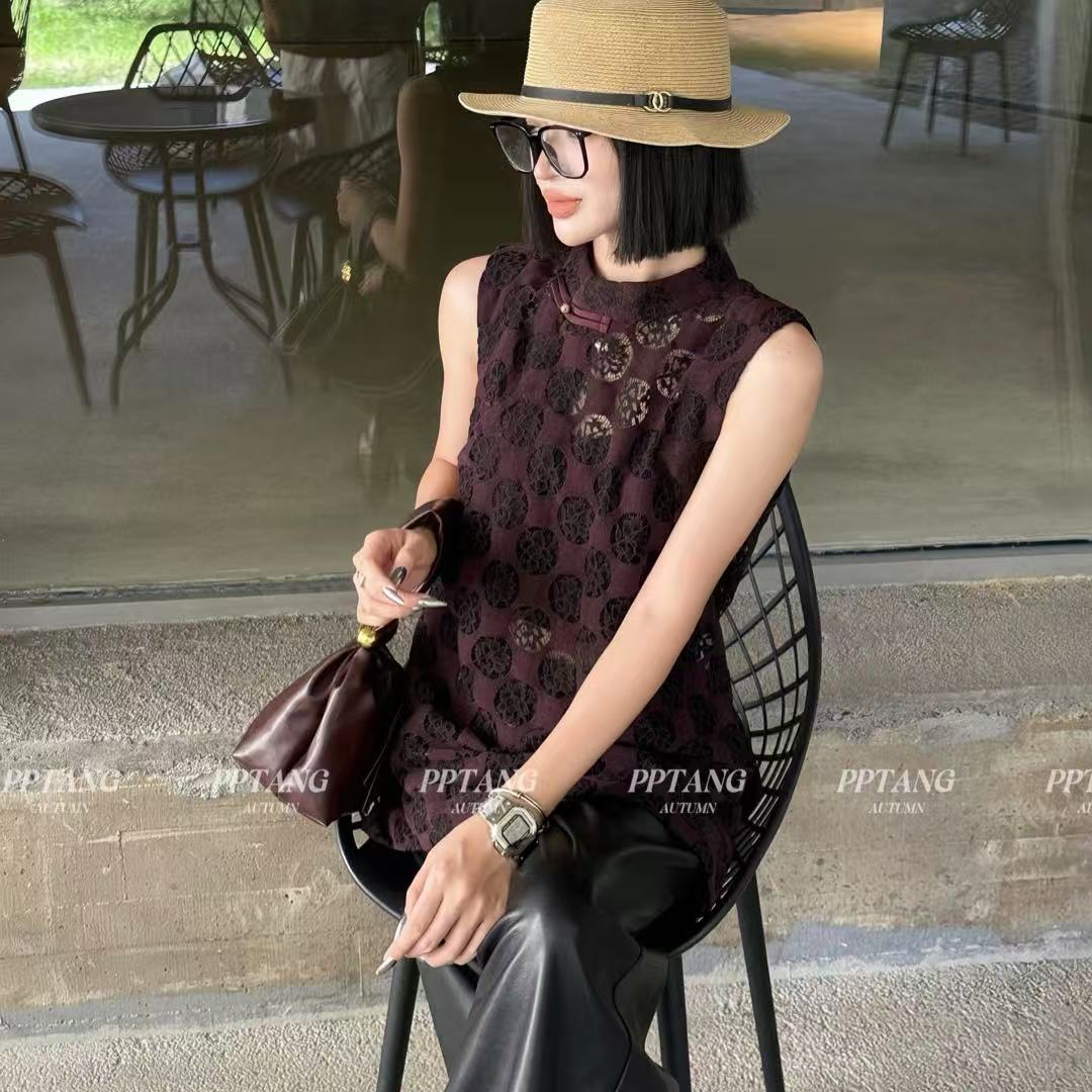 1026/25765/180 甜美减龄国风盘扣无袖背心蕾丝钩花上衣