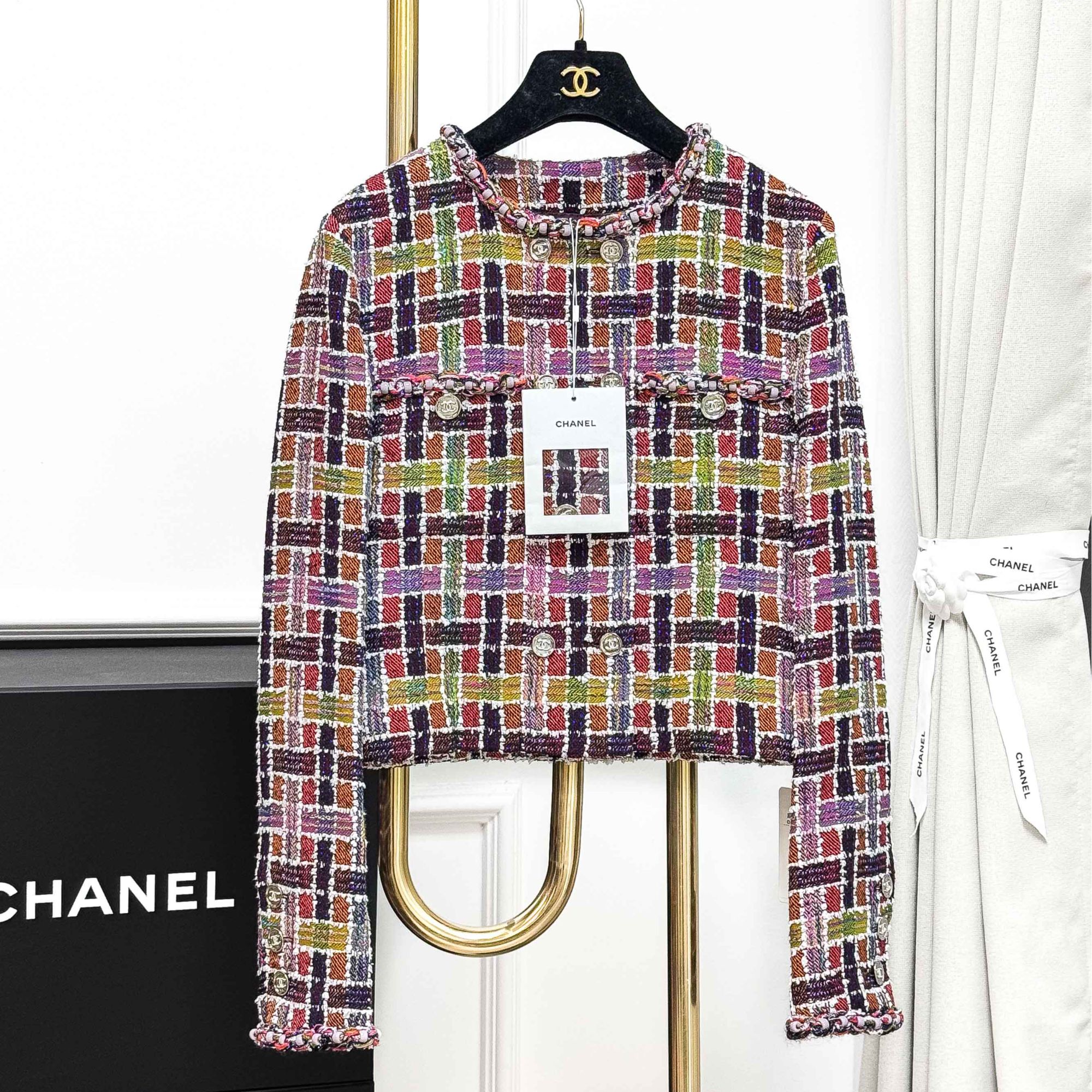 99新 Chanel/香奈儿 38码23A彩色格纹双排扣圆领马赛克外套
