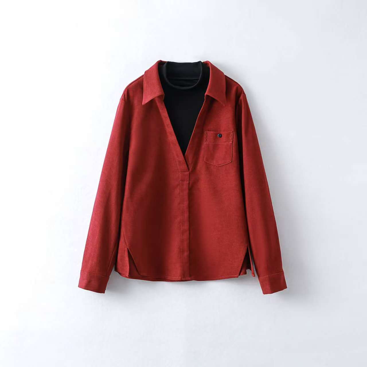 假两件衬衫女新款通勤设计感撞色拼接开叉设计衬衫