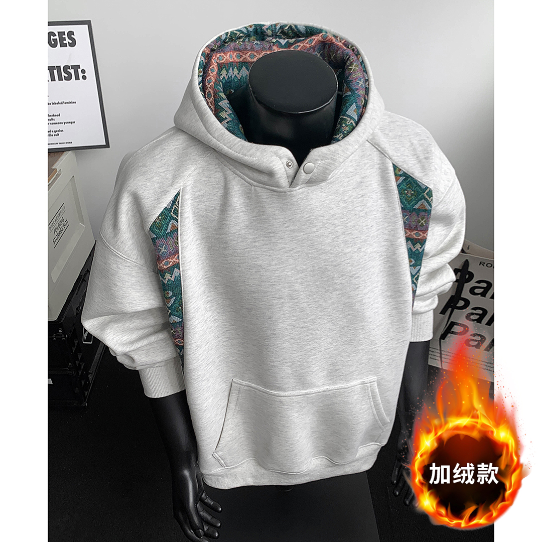 秋冬新款民族风刺绣拼接连帽卫衣男高级感美式重磅长袖上衣外套潮