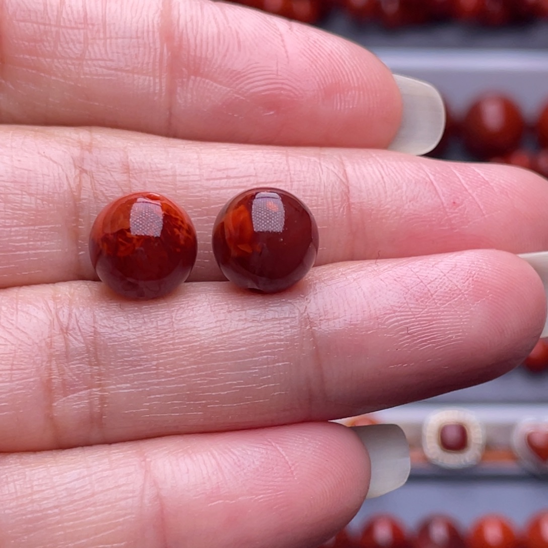 浮***生南红玛瑙未镶嵌配珠9.6mm瓦西牛血红妖火焰高品单珠