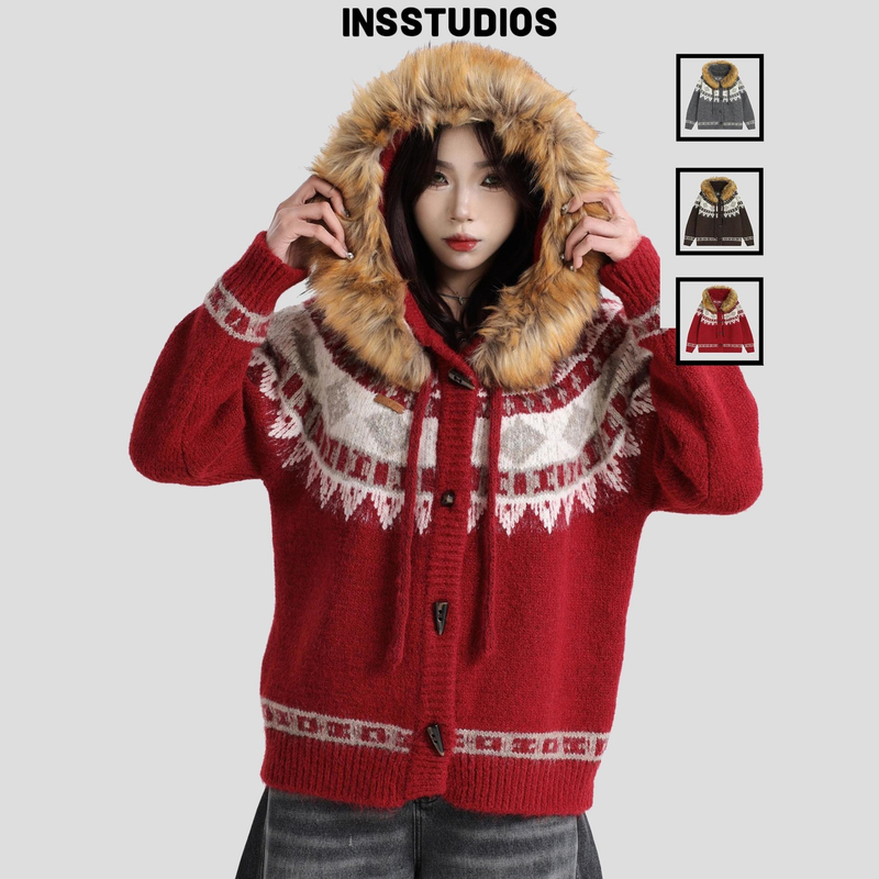 INSstudios国潮牌情侣美式可拆卸毛领费尔岛毛衣撞色针织衫外套