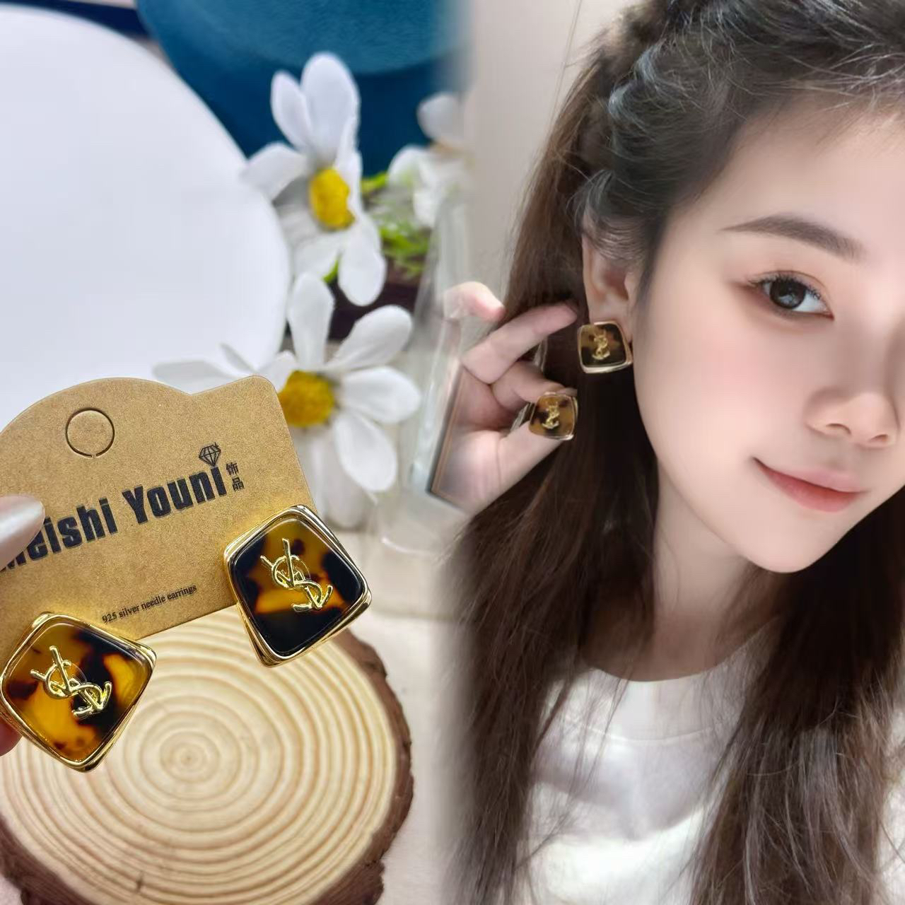 铜合金耳饰 美拉德方形晕染树脂耳环时尚复古耳饰A26