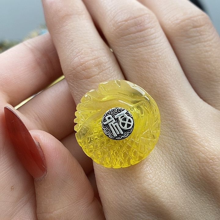 琥珀戒指银S925镶嵌戒指