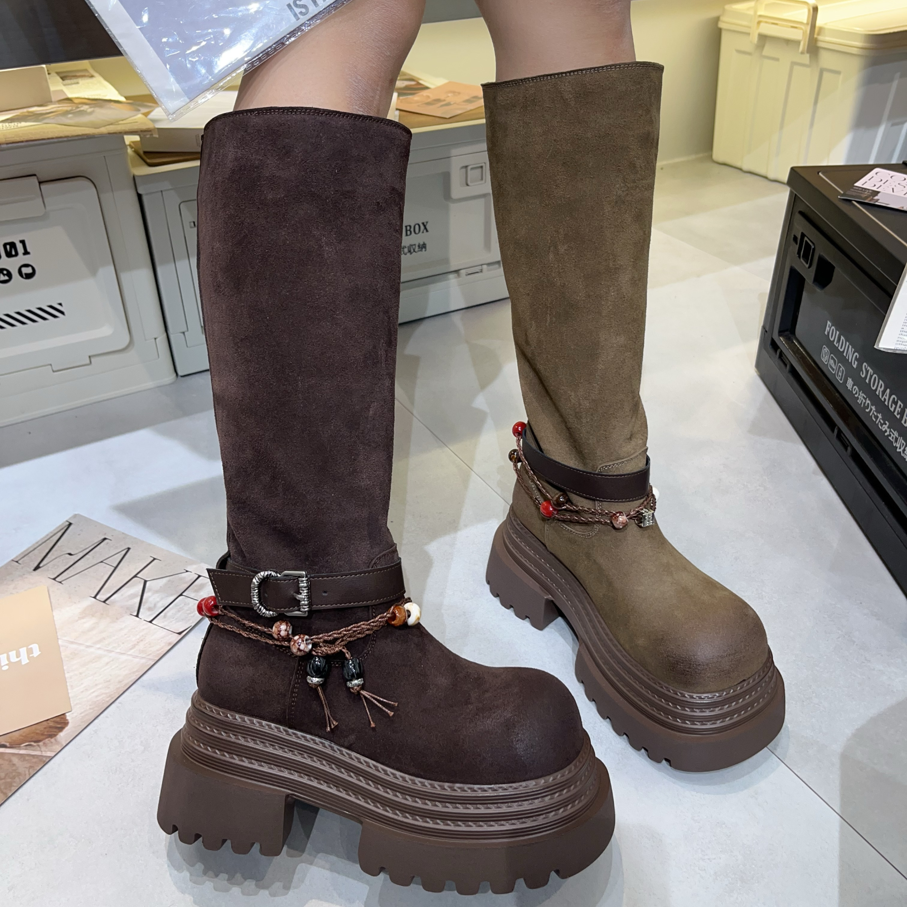 【小涵家】秋冬新款欧洲站波西米亚风磨砂皮厚底【8cm】骑士时装靴ins