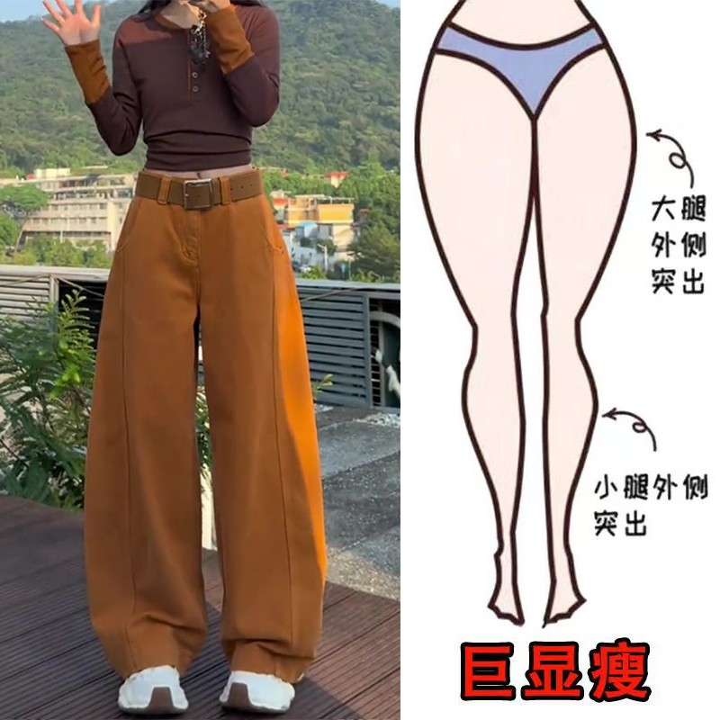 2025冬季新款美式加绒宽松阔腿牛仔裤梨形身材显瘦高腰弯刀拖地裤