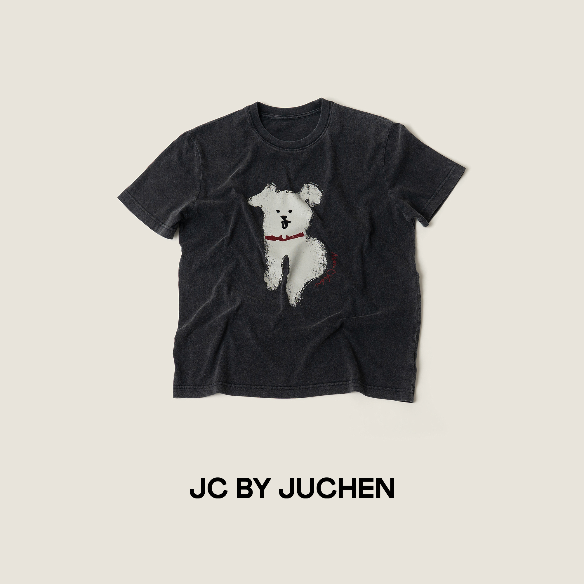 潦草小狗水洗做旧全棉柔体感卡通印花女短袖T恤JMRSS1030004-F195