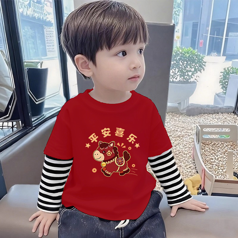 2026春秋新款洋气100%棉儿童长袖T恤马年新年拼接假两件休闲上衣