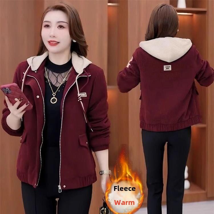 时尚加绒加厚连帽短外套女士中年妈妈装秋冬新款保暖休闲夹克上衣